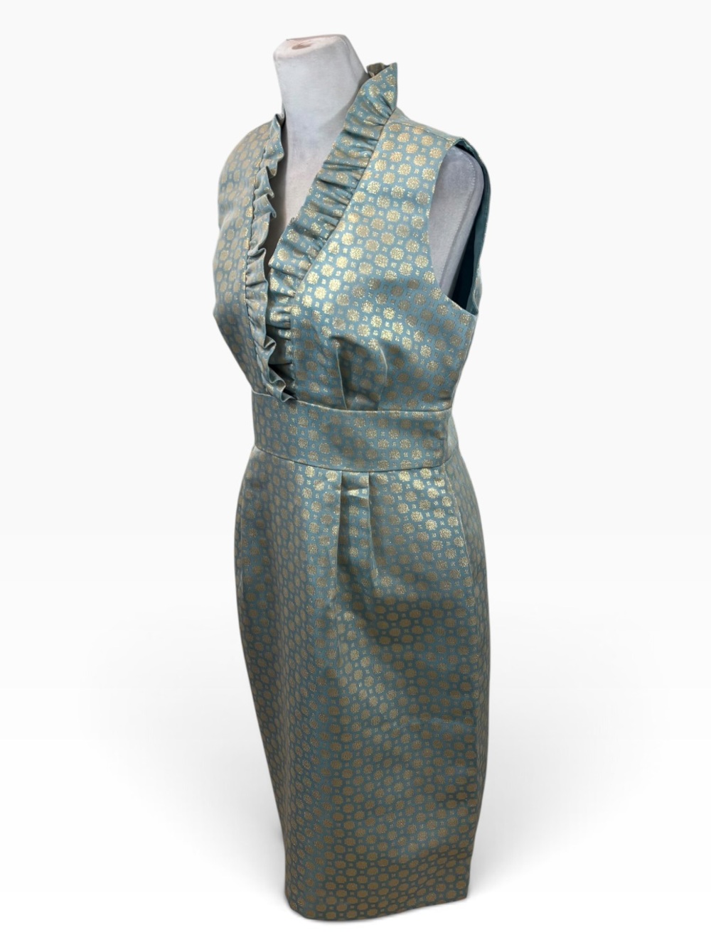 Eliza J Ruffle Neckline Gold and Blue Knee Length Dress Size 6